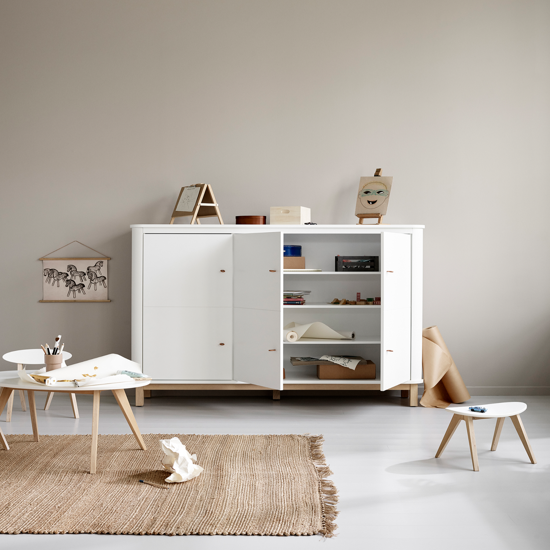 AlixFurniture Armoire multi-rangement 3 portes Wood, blanc/chêne