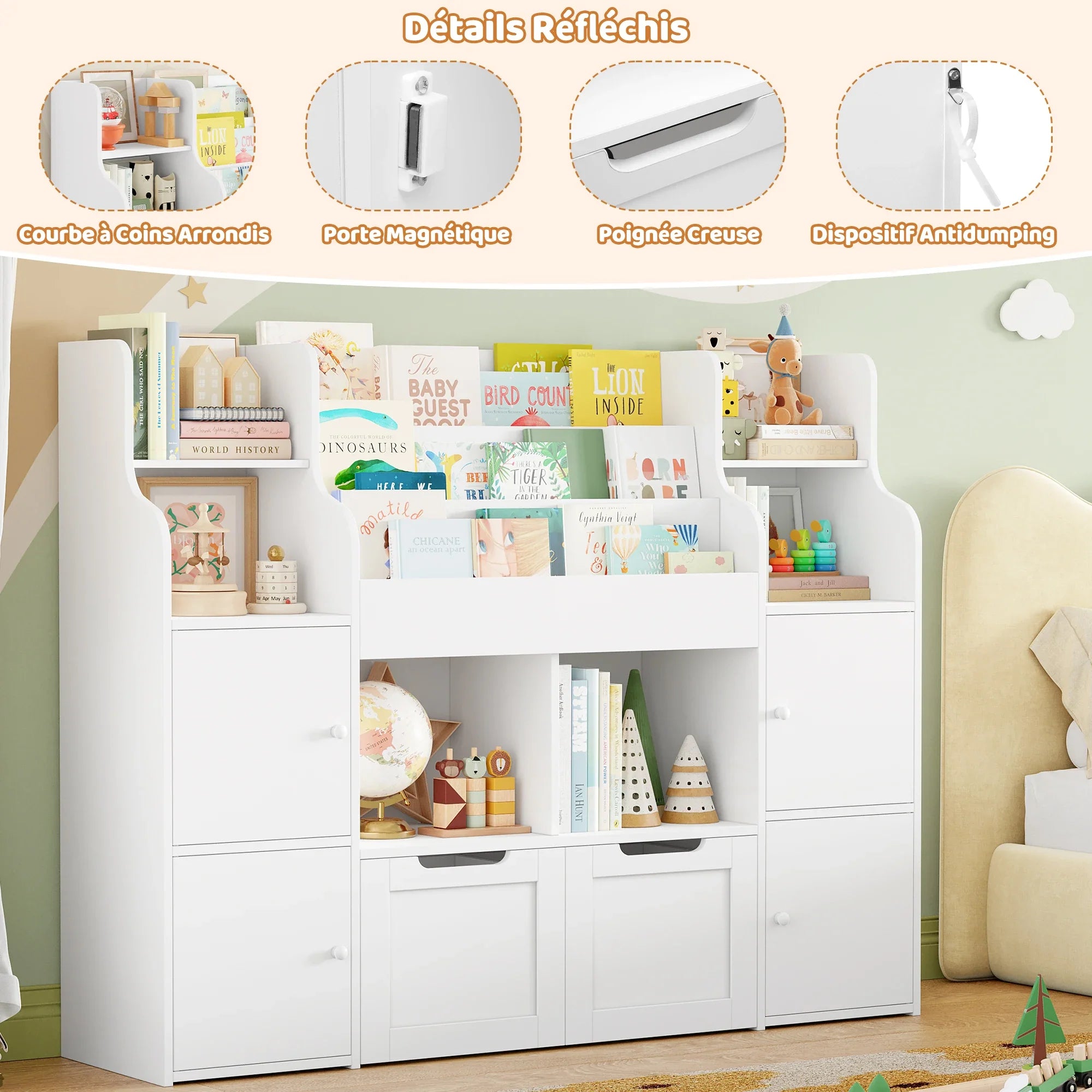 AlixFurniture Bibliothèque et meuble de rangement pour enfants en bois –stable et grande capacité