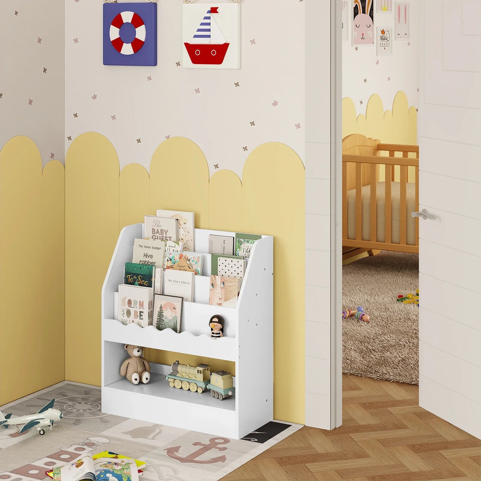 AlixFurniture Bibliothèque basse enfant blanche à plusieurs étagères – rangement pratique et accessible