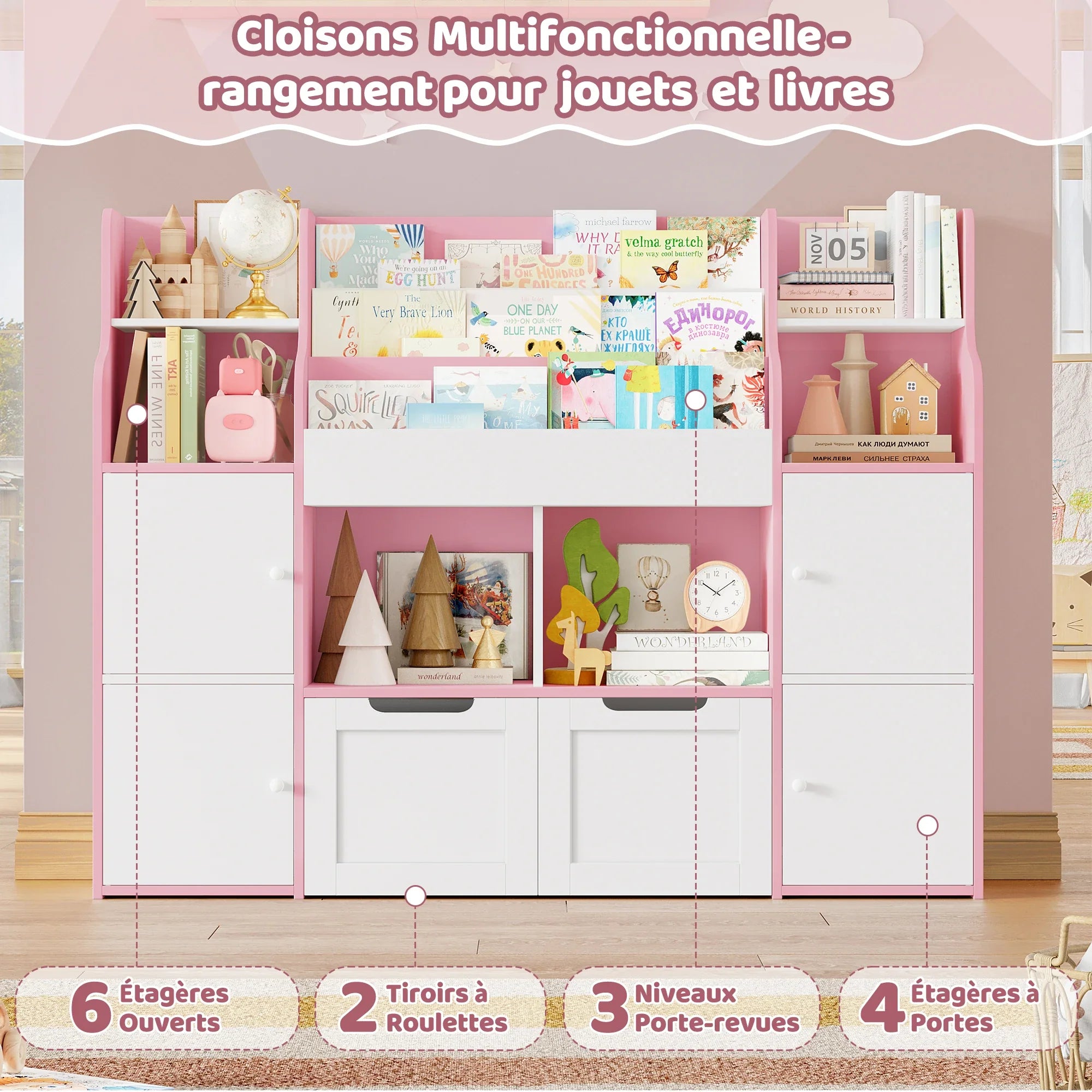 AlixFurniture Bibliothèque et meuble de rangement pour enfants en bois –stable et grande capacité