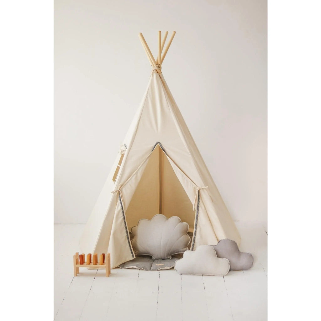 AlixFurniture - Tipi  Tente Grise avec pompons et tapis, design élégant en coton et structure stable