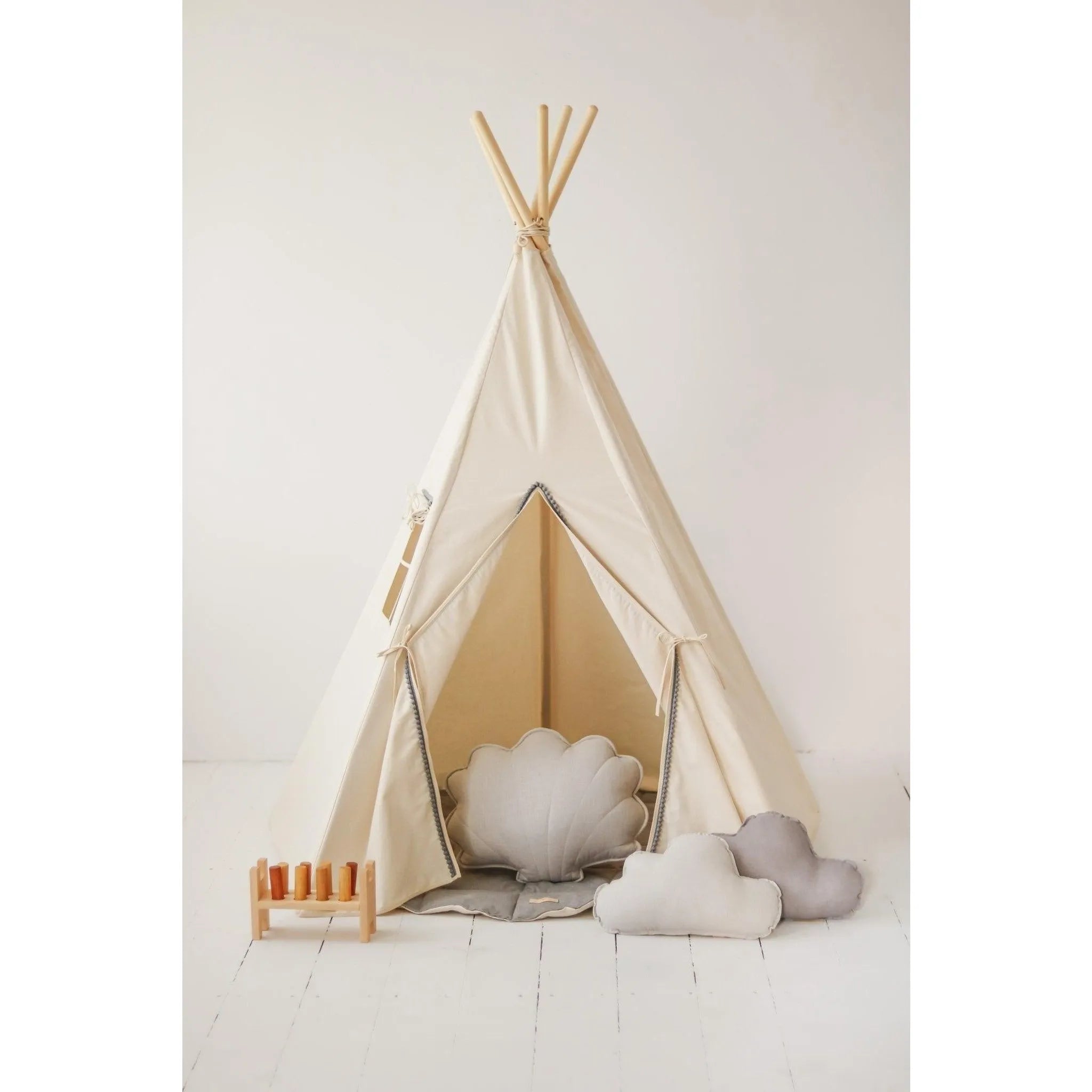 AlixFurniture - Tipi  Tente Grise avec pompons et tapis, design élégant en coton et structure stable